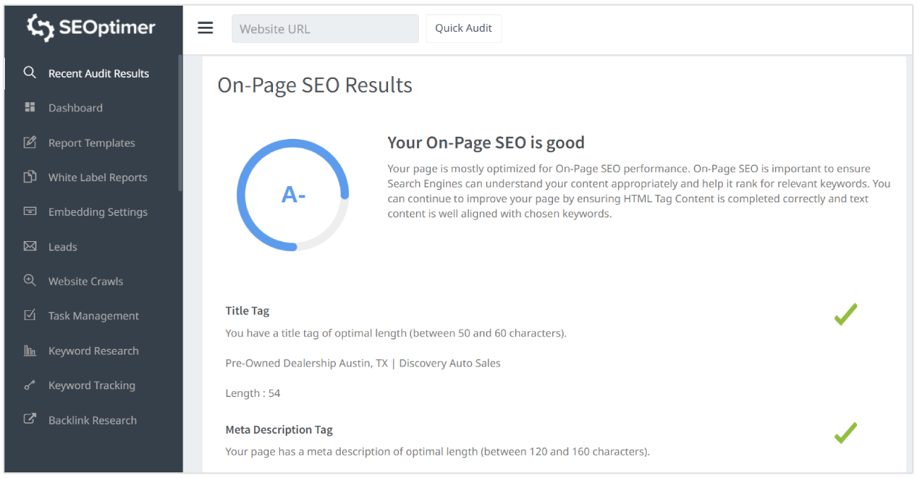 On page SEO results in report